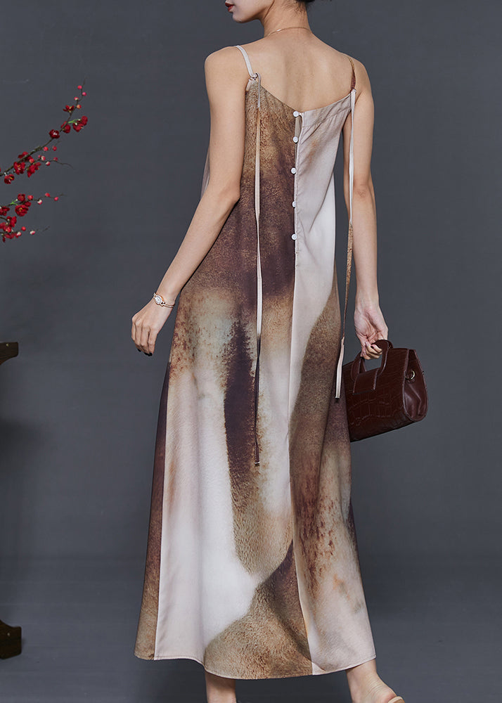 Brown Tie Dye Draping Silk Spaghetti Strap Dress Summer