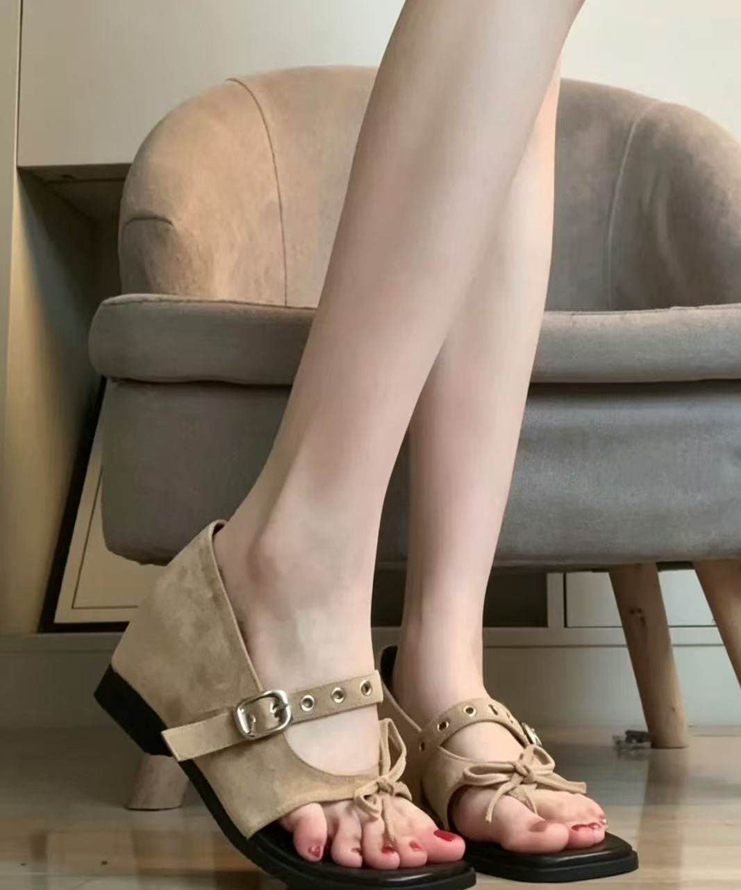 Buckle Strap Splicing Wedge Sandals Khaki Suede Peep Toe