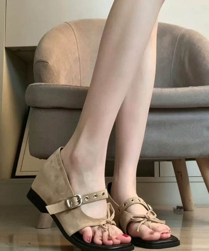 Buckle Strap Splicing Wedge Sandals Khaki Suede Peep Toe