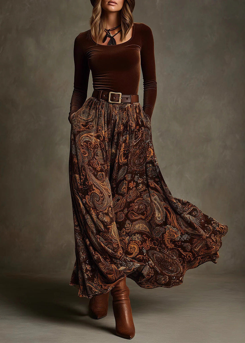 Caramel Print Pockets Velvet Two Pieces Set Spring