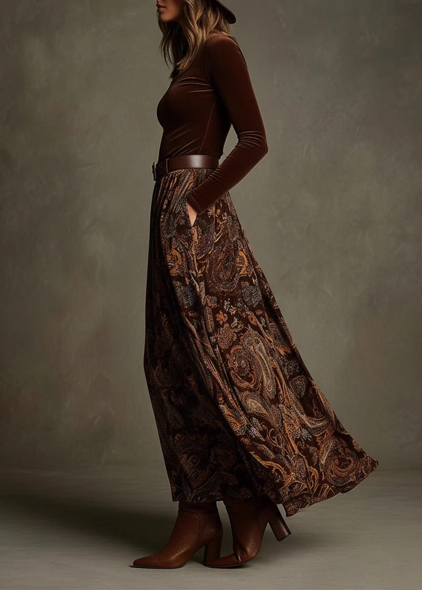 Caramel Print Pockets Velvet Two Pieces Set Spring