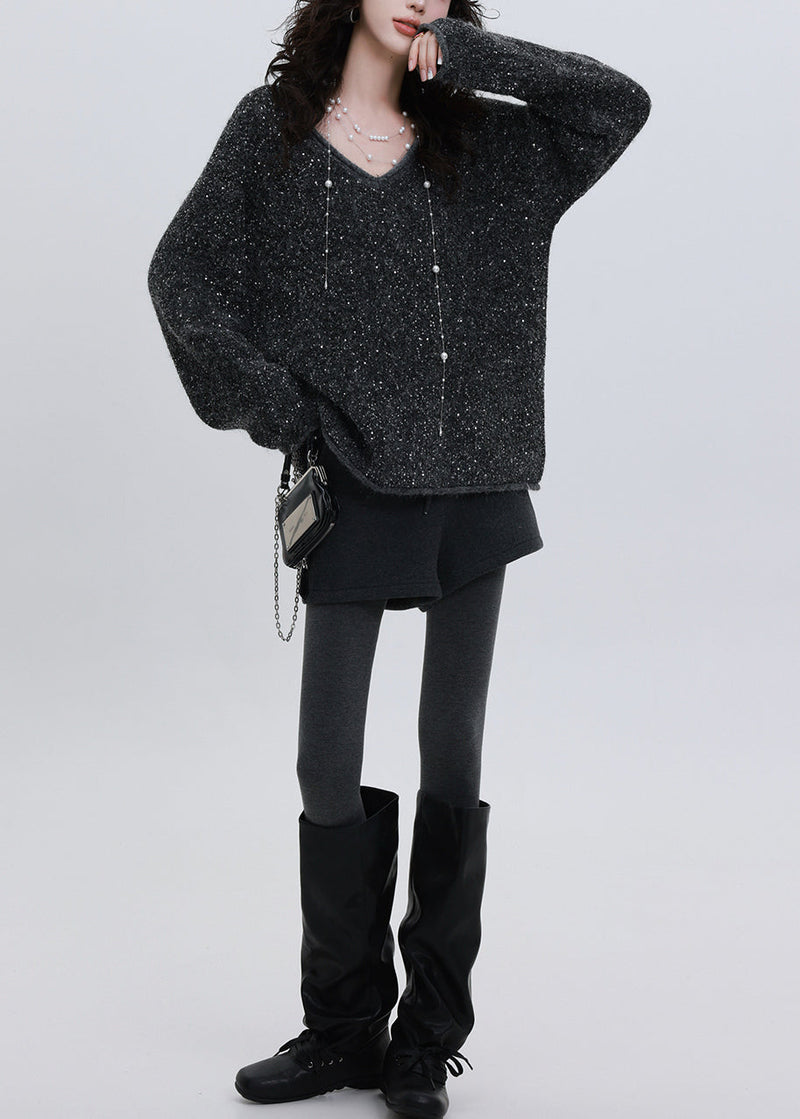 Charcoal Grey Sequins Oversized Knit Sweater Tops Winter
