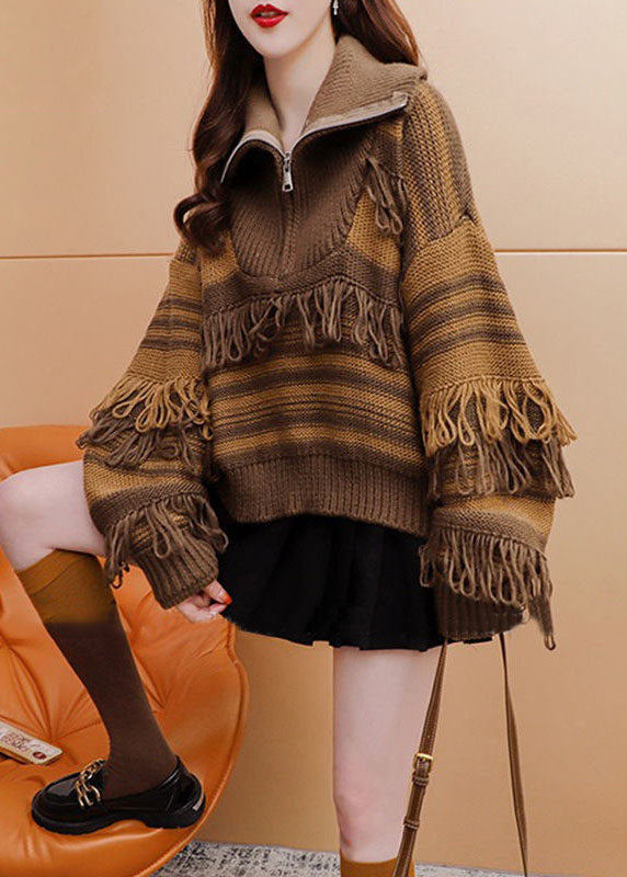 Coffee High Neck Zippered Patchwork Tassel Knit Pullover Winter