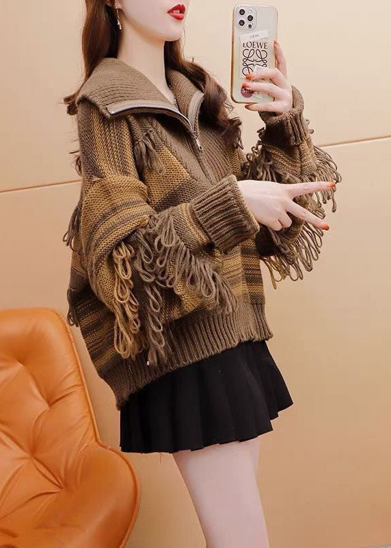 Coffee High Neck Zippered Patchwork Tassel Knit Pullover Winter