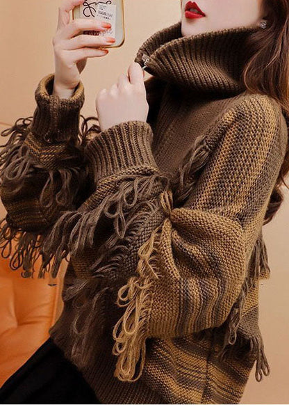 Coffee High Neck Zippered Patchwork Tassel Knit Pullover Winter