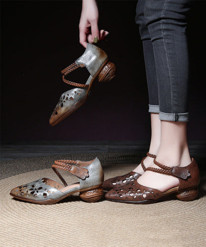 Coffee Hollow Out Buckle Strap Chunky Sandals