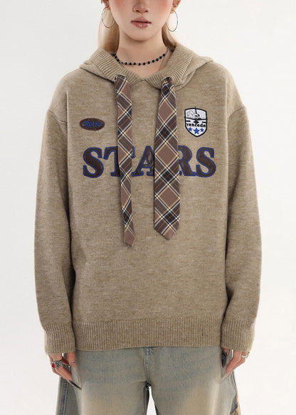 Coffee Hooded Embroidered Knit Sweatshirt Winter