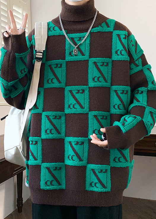 Coffee Turtleneck Plaid Patchwork Knit Sweaters Winter