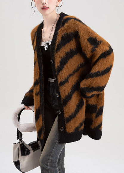 Coffee V Neck Striped Button Knit Cardigans Spring