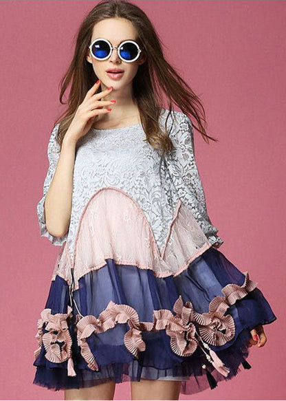 Colorblock Asymmetrical Design Patchwork Lace Vacation Dress Half Sleeve