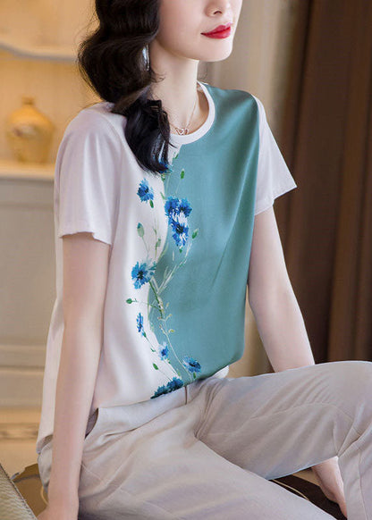 Colorblock O-neck Oversized Print Silk Tanks Summer