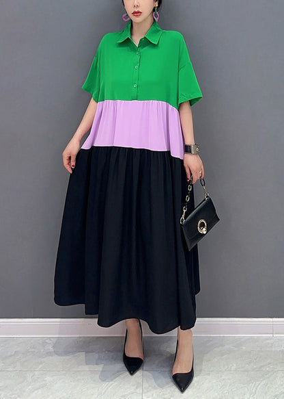 Colorblock Peter Pan Collar Patchwork Cotton a Line Dress Short Sleeve