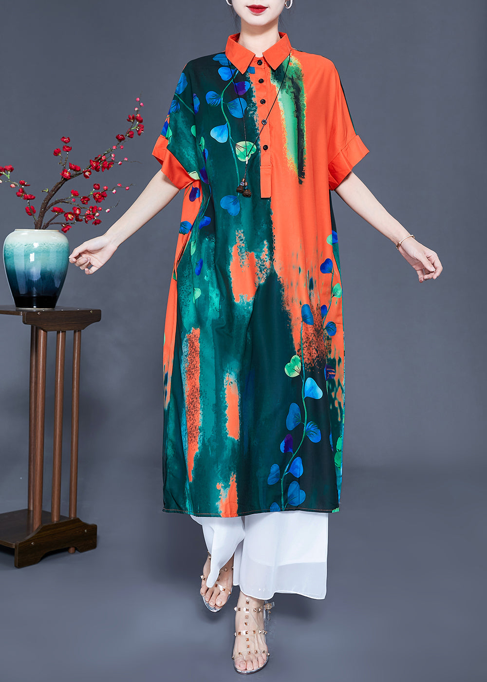 Colorblock Peter Pan Collar Tie Dye Silk Vacation Dresses Summer