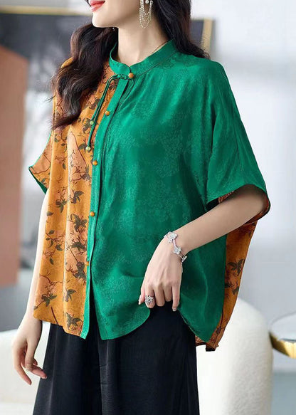 Colorblock Stand Collar Tasseled Print Patchwork Silk Shirts Tops Summer