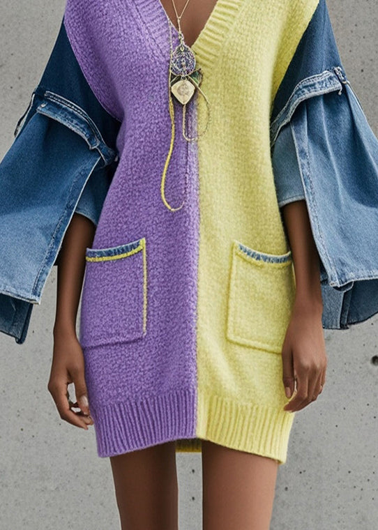 Colorblock V Neck Patchwork Denim Sweater Dress Fall