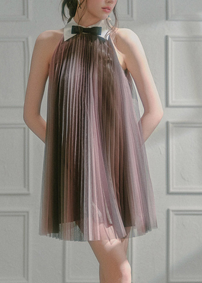 Dark Pink Peter Pan Collar Patchwork Silk Mid Dresses Sleeveless