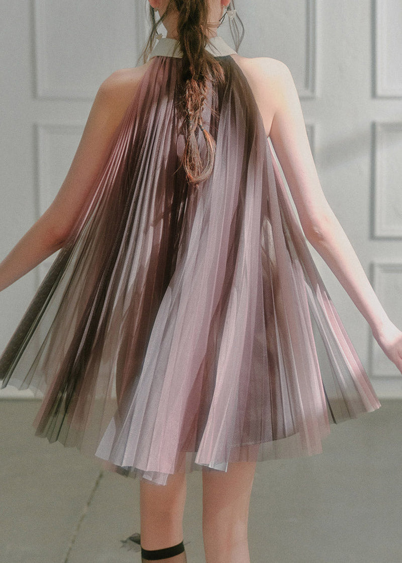 Dark Pink Peter Pan Collar Patchwork Silk Mid Dresses Sleeveless
