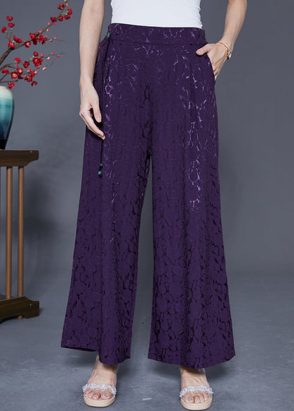 Dark Purple Elastic Waist Jacquard Silk Pants Summer