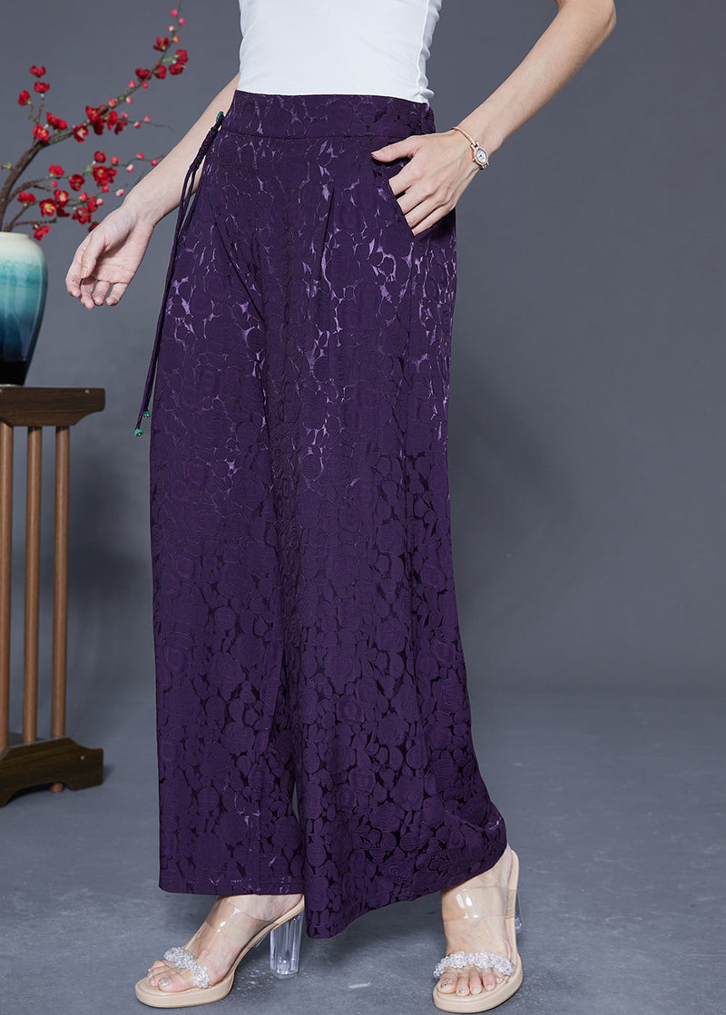 Dark Purple Elastic Waist Jacquard Silk Pants Summer