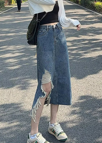 Denim Blue Asymmetrical Patchwork Pockets a Line Skirt