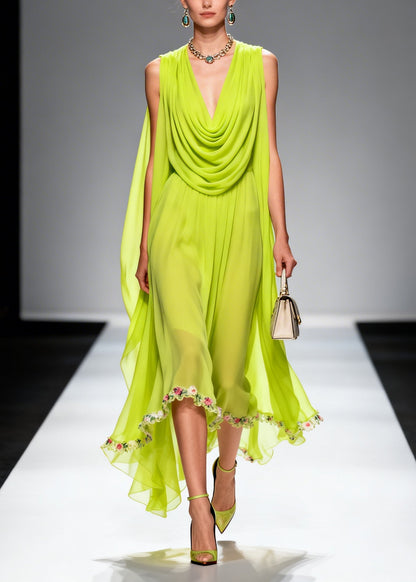 Fluorescent Green Turtle Neck Chiffon Long Dresses Summer