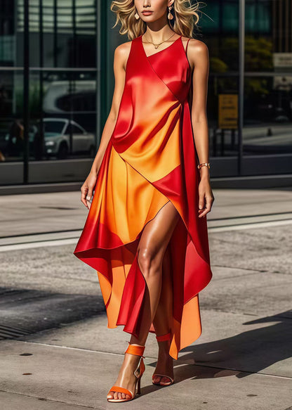 Gradient Color Asymmetrical Design Silk Long Dress Summer