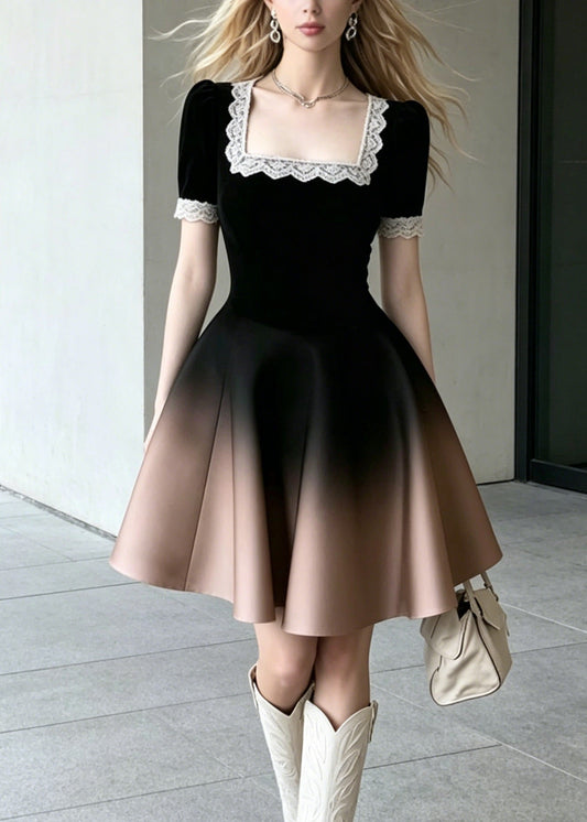 Gradient Color Square Collar Lace Patchwork Cotton Dress Summer