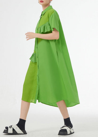 Grass Green Ruffled Button Patchwork Cotton Shirts Dress Summer