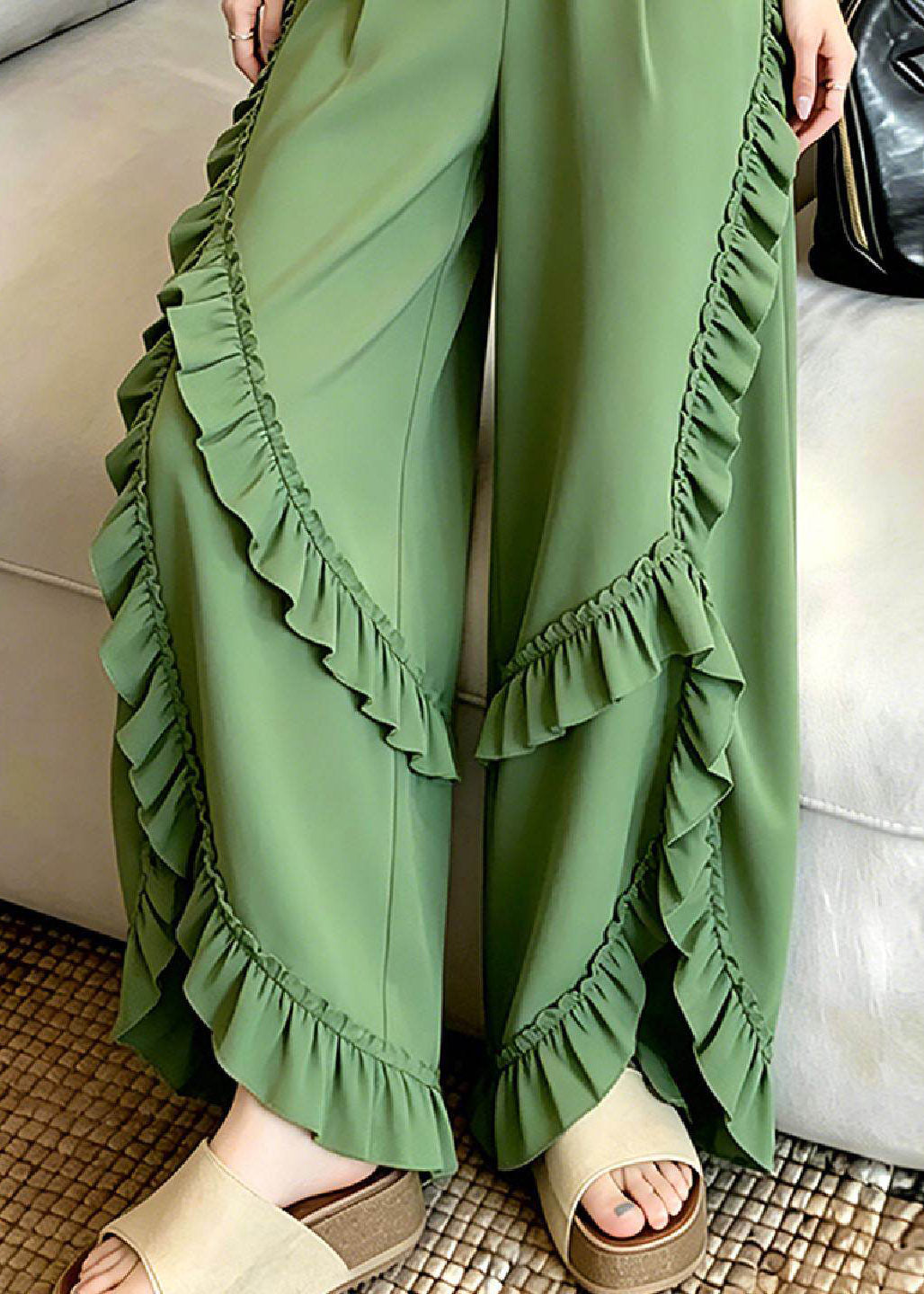 Green Asymmetrical Ruffled Patchwork Pants