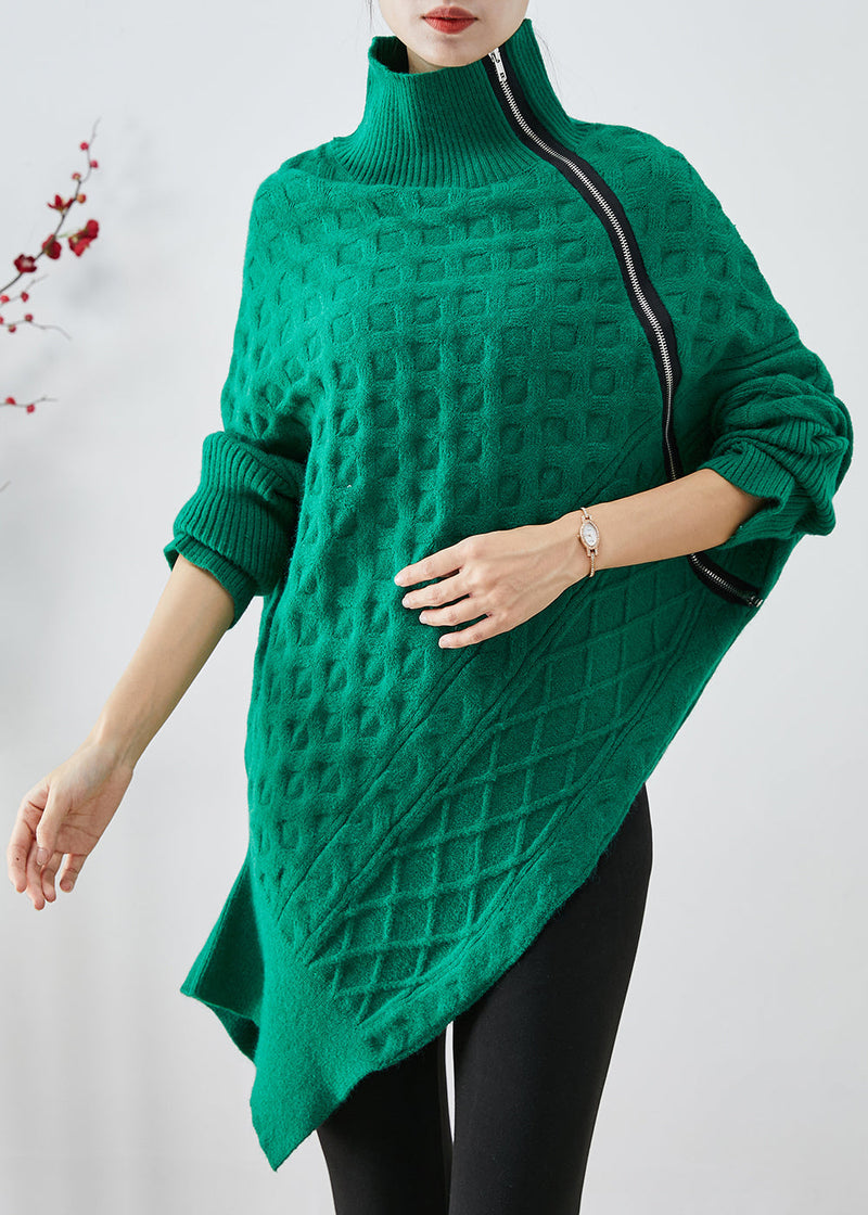 Green Asymmetrical Zippered Knit Short Sweater Fall