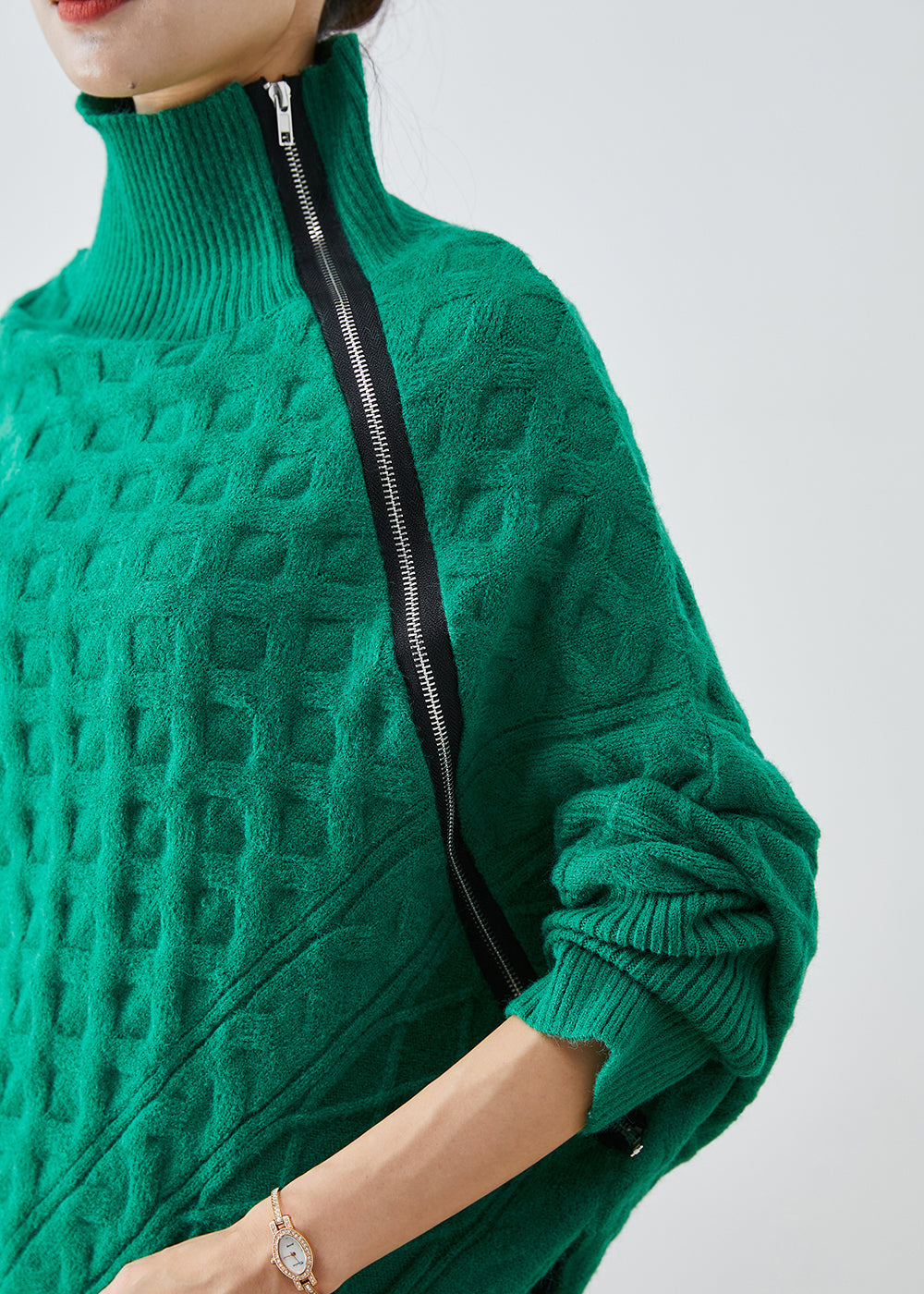 Green Asymmetrical Zippered Knit Short Sweater Fall