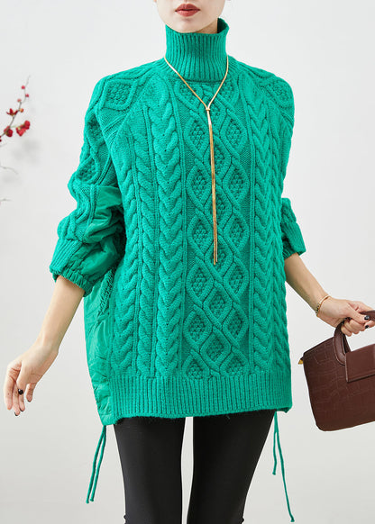 Green High Neck Thick Patchwork Knit Sweaters Winter