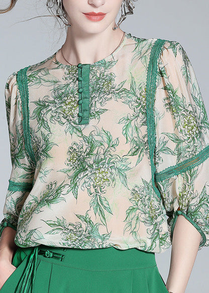 Green Lace Patchwork Button Silk Top Spring