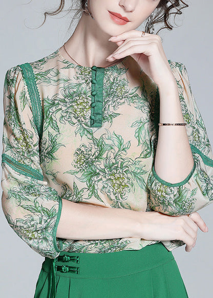 Green Lace Patchwork Button Silk Top Spring