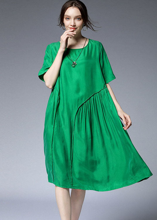 Green O-neck Asymmetrical Silk Holiday Dresses Short Sleeve