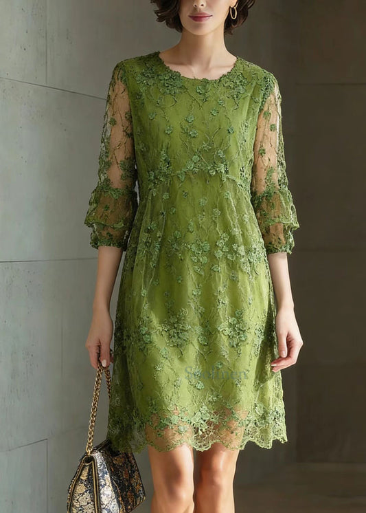 Green O Neck Embroidered Patchwork Tulle Mid Dress Summer