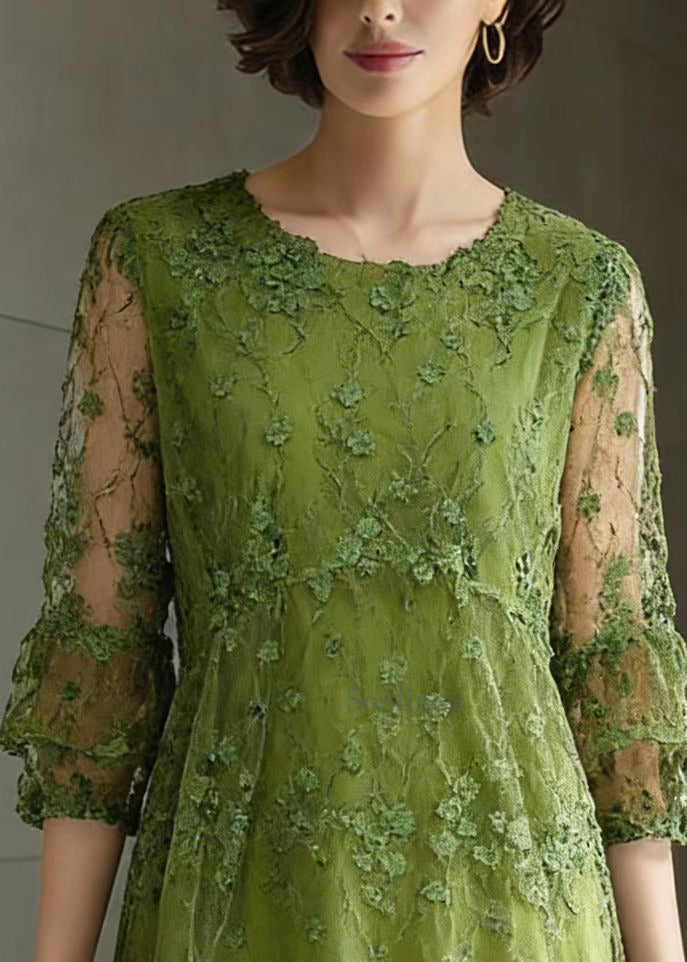 Green O Neck Embroidered Patchwork Tulle Mid Dress Summer