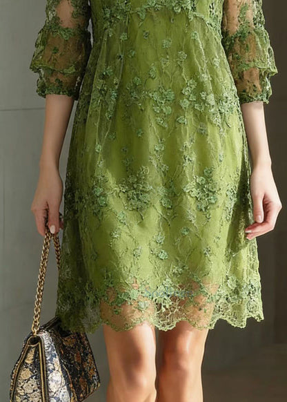 Green O Neck Embroidered Patchwork Tulle Mid Dress Summer