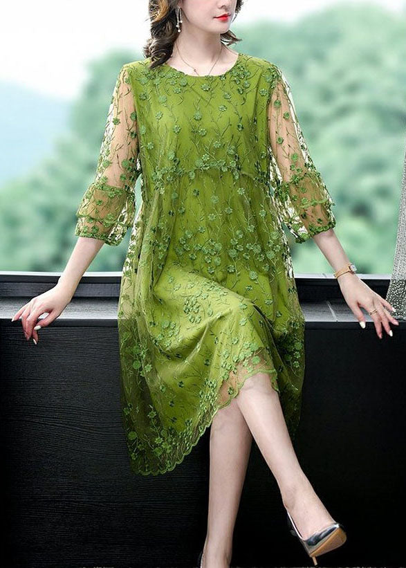 Green O Neck Embroideried Patchwork Tulle Mid Dress Summer