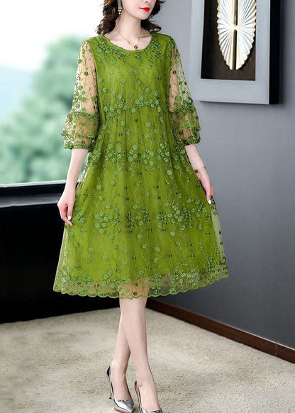Green O Neck Embroideried Patchwork Tulle Mid Dress Summer