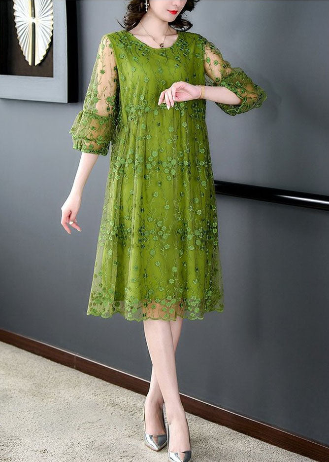 Green O Neck Embroideried Patchwork Tulle Mid Dress Summer