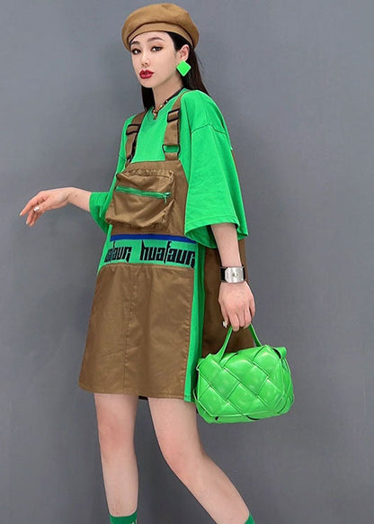 Green O-neck Patchwork Cotton Fake Two Piece Strap Dress Short Sleeve