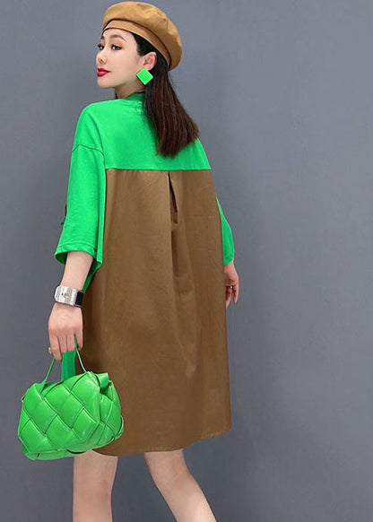 Green O-neck Patchwork Cotton Fake Two Piece Strap Dress Short Sleeve
