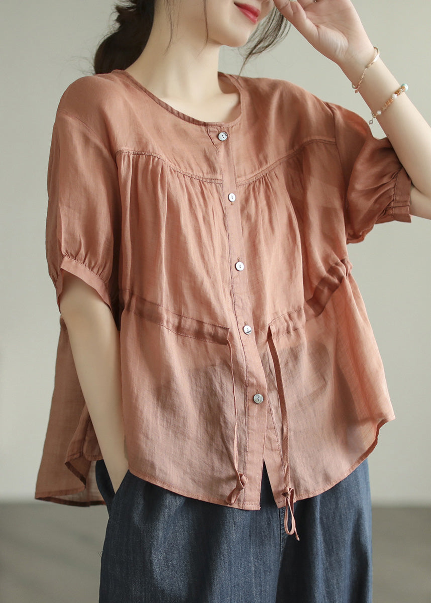 Green O-neck Patchwork Wrinkled Tie Waist Ramie Shirt Short Sleeve