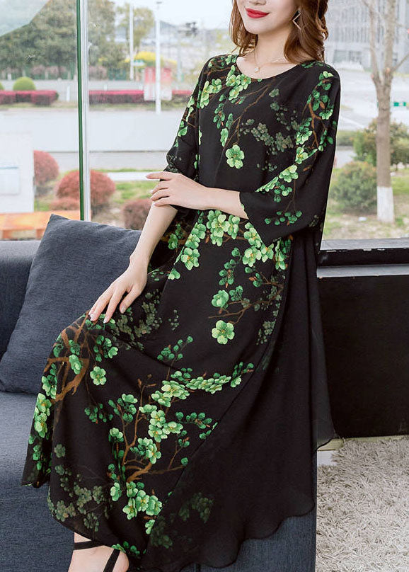Green O Neck Print Patchwork Chiffon Dresses Summer