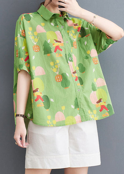 Green Peter Pan Collar Print Patchwork Cotton Shirt Tops Summer