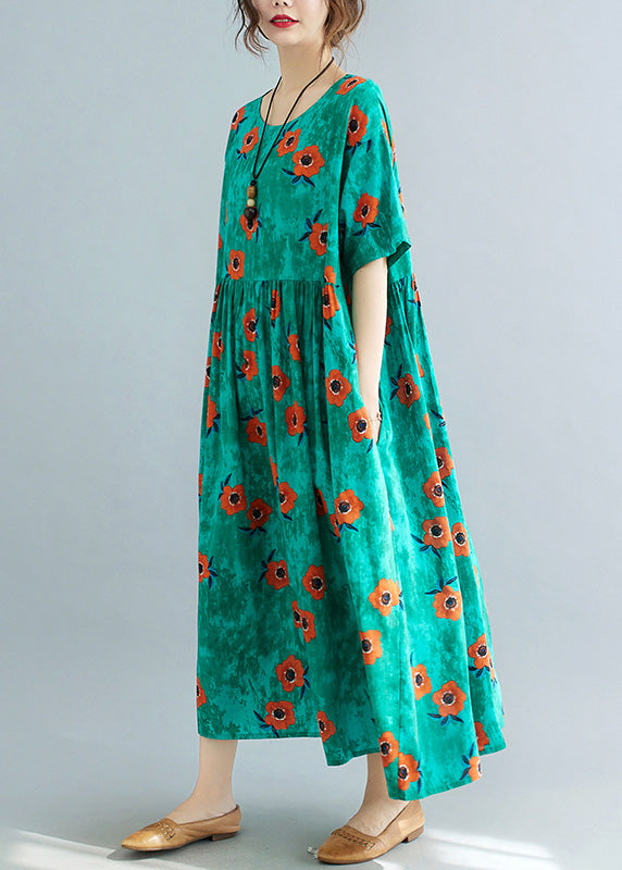 Green Print Patchwork Cozy Holiday Maxi Dress Summer