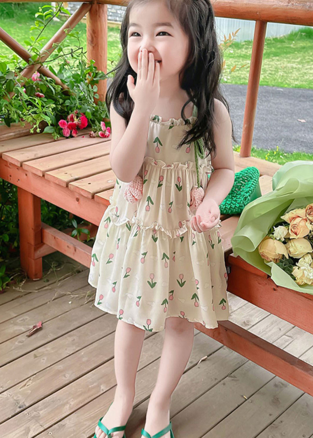 Green Print Ruffled Patchwork Cotton Baby Sundress Sleeveless