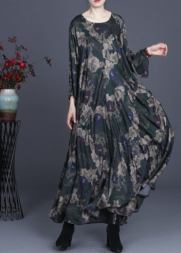 Green Print Silk Asymmetrical Design Mid Dress Summer