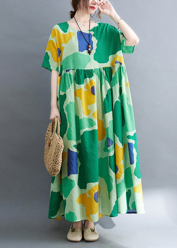 Green Print Wrinkled Party Maxi Dress Summer